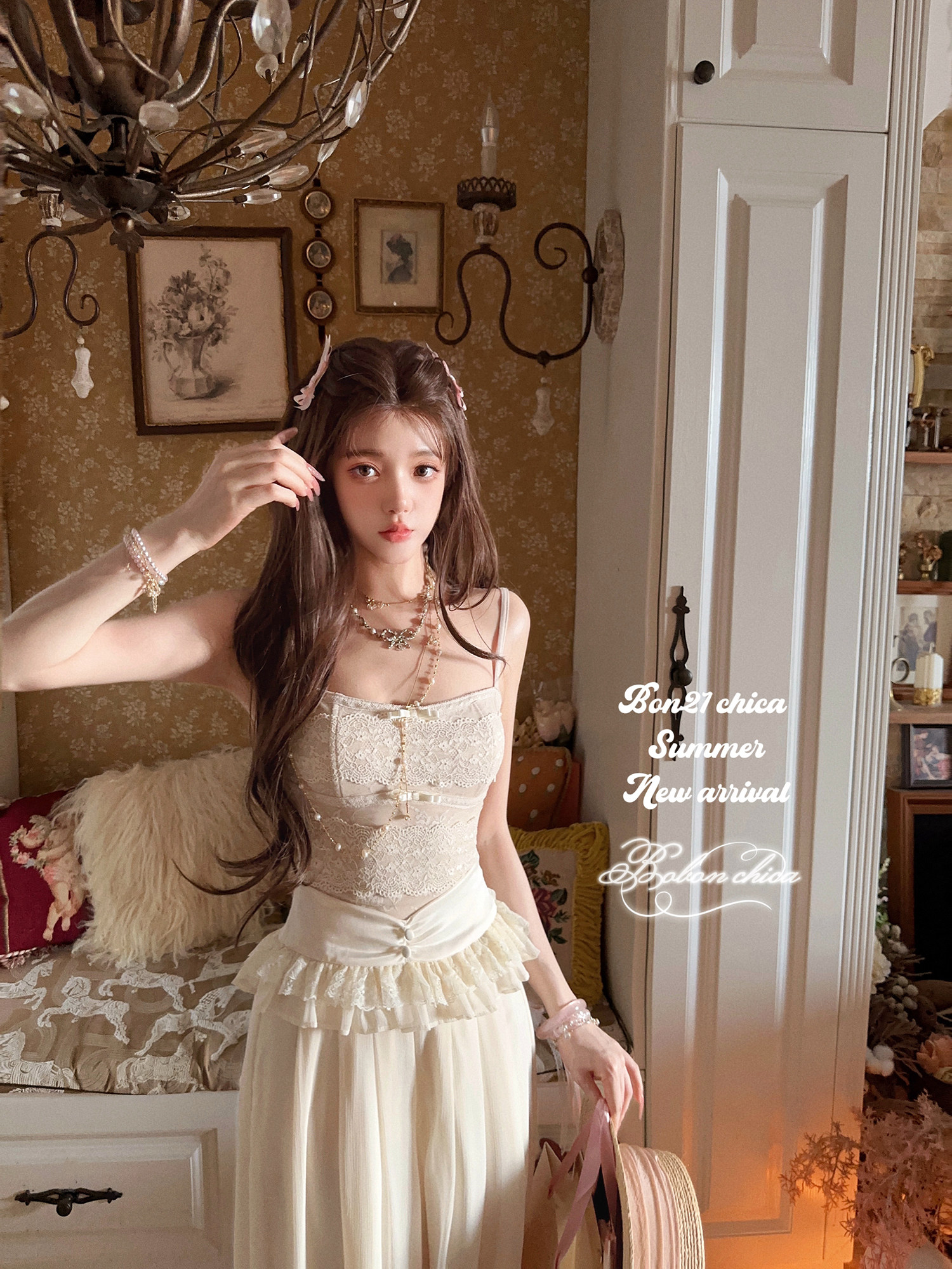 thumbnail for [8-15 New 10% Off] Limo Bobon 21 Pink Mist Lily of the Valley French Antique Lace Camisole Cardigan CT2474