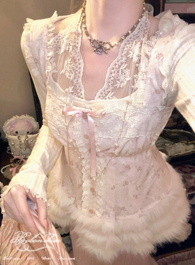 莉摩Bobon21珍珠泪冬日版蕾丝针织毛绒古董吊带娃娃衫T2433