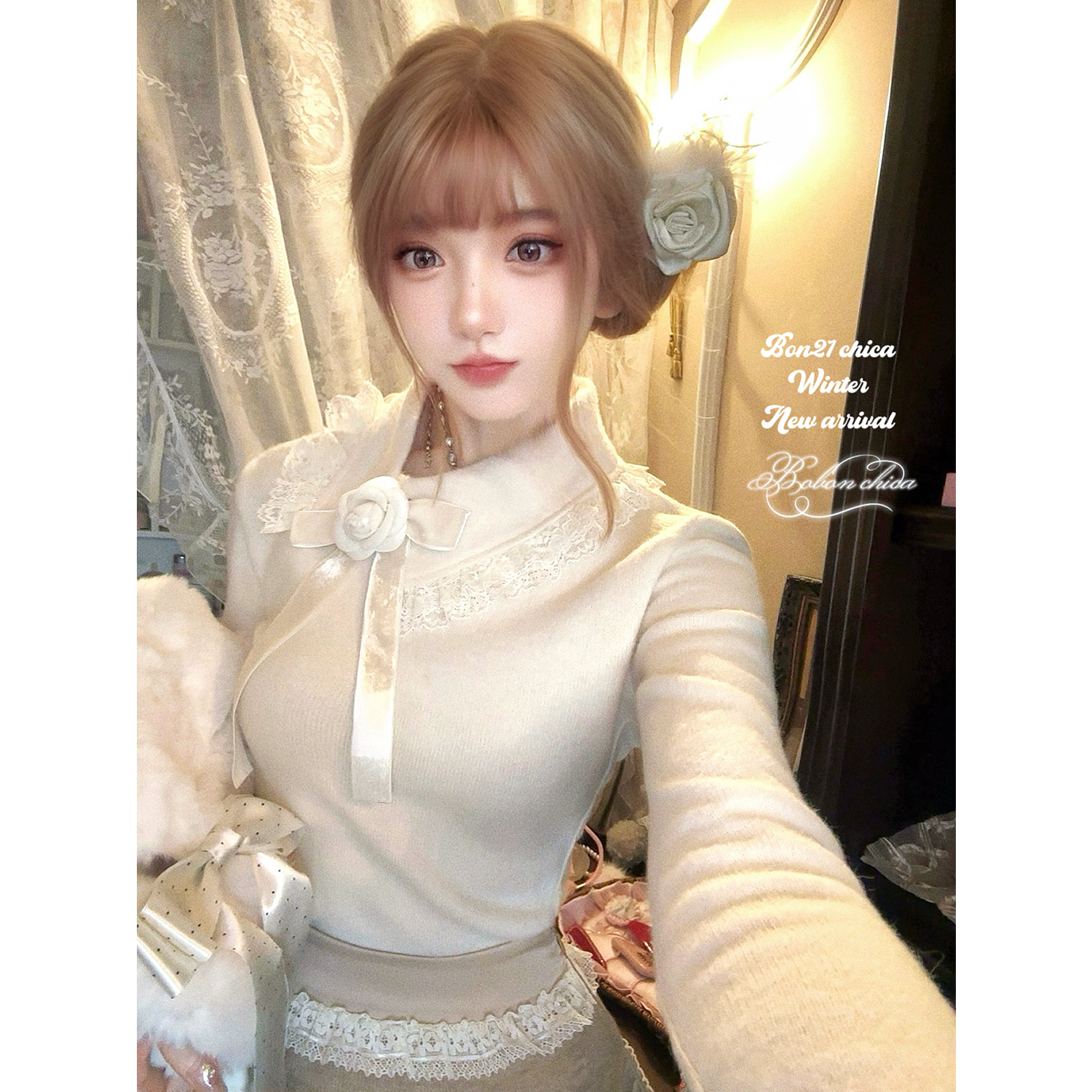 古早奈奈蕾丝半翻领毛针织打底衫