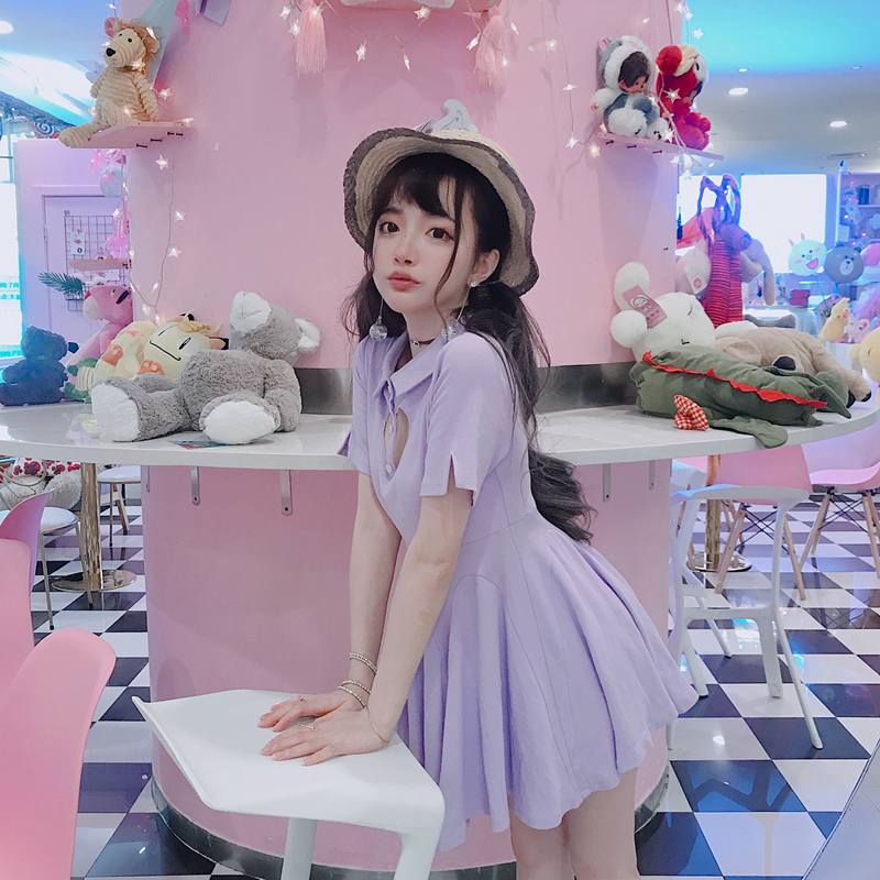 莉摩Bobon21鏤空少女心運動花瓣裙擺顯瘦遮肉小清新連衣裙D1641