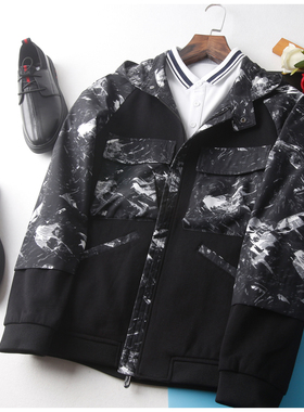 HL35202 海系列男款休闲时尚拼接夹克连帽款多口袋外套青年派克服