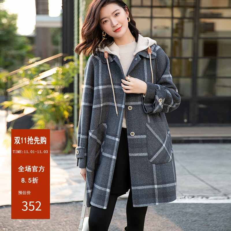 大码欧美风毛呢外套彩色格纹双面呢子大衣假两件连帽可拆卸中长