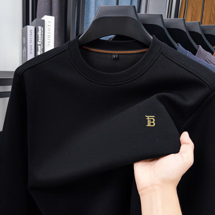 2025秋冬新款男士休闲卫衣中青年圆领加绒加厚打底衫轻奢长袖T恤