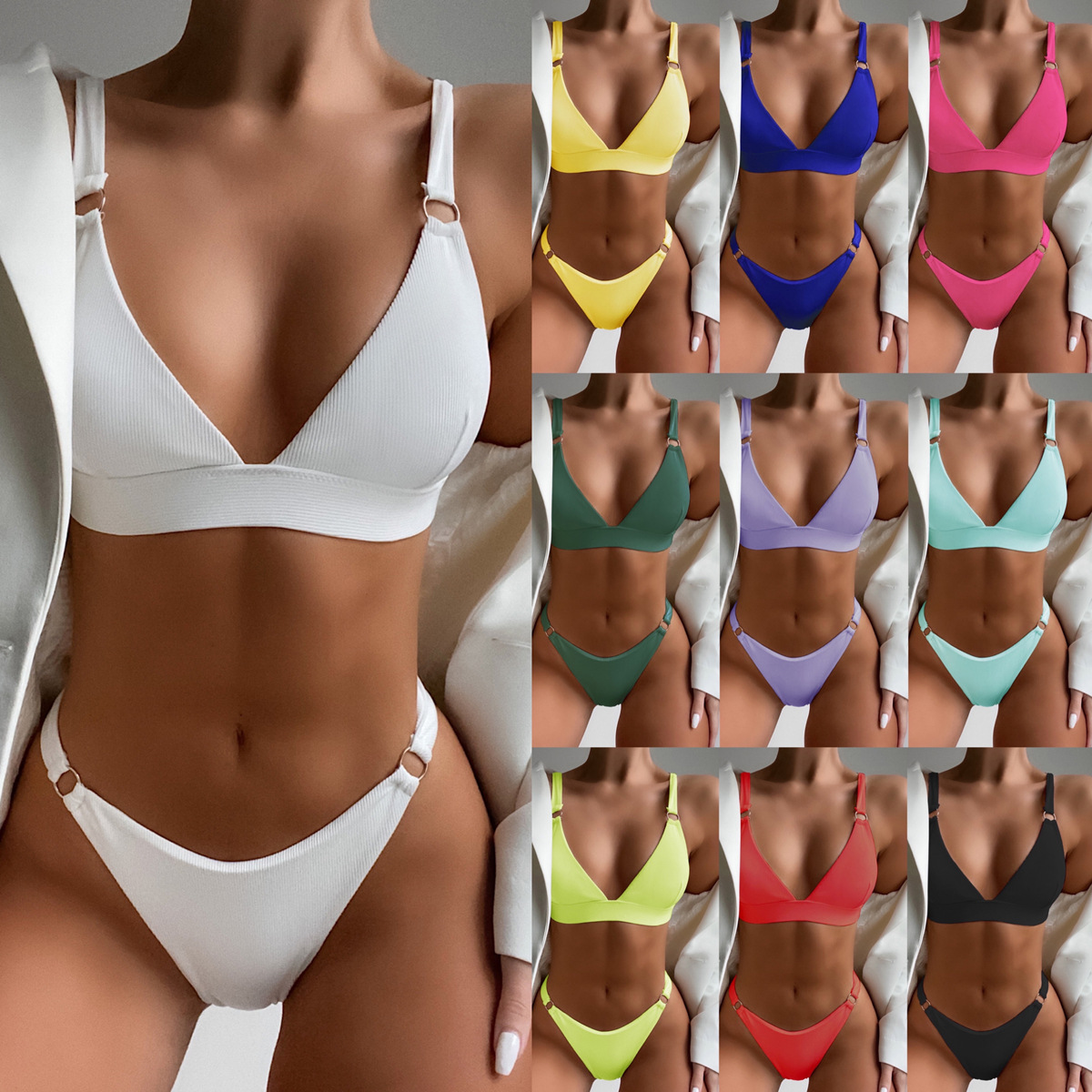 Solid color swimsuit bikini欧美比基尼纯色泳装三角包泳衣性感