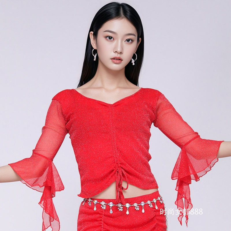 2025新款肚皮舞上衣新款练功服女初学者上装东方舞遮肚子网纱上衣