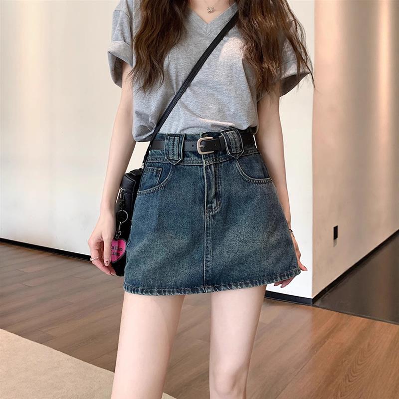 大码复古牛仔半身裙女夏季胖mm防走光高腰显瘦包臀a字短裙裤子