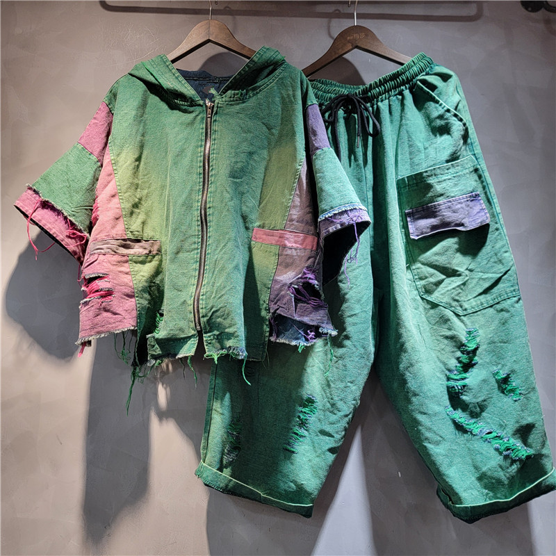 个性撞色绿色减龄做旧牛仔拼接短袖连帽外套哈伦裤时尚套装女夏装