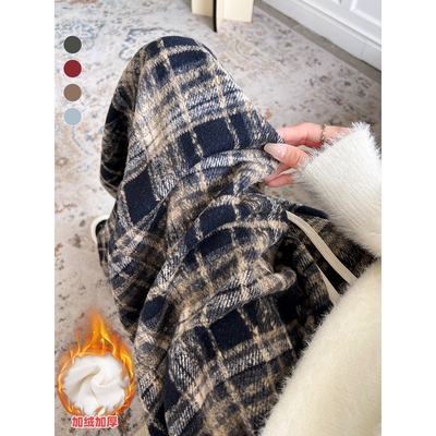 格子裤女裤子秋冬加绒2025新款垂感直筒休闲小个子复古毛呢阔腿裤