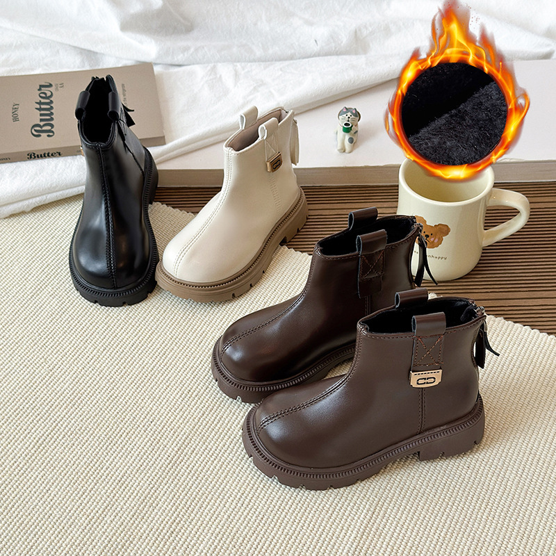女童靴子中筒2025春秋新款小女孩时尚洋气皮靴后拉链儿童单里短靴