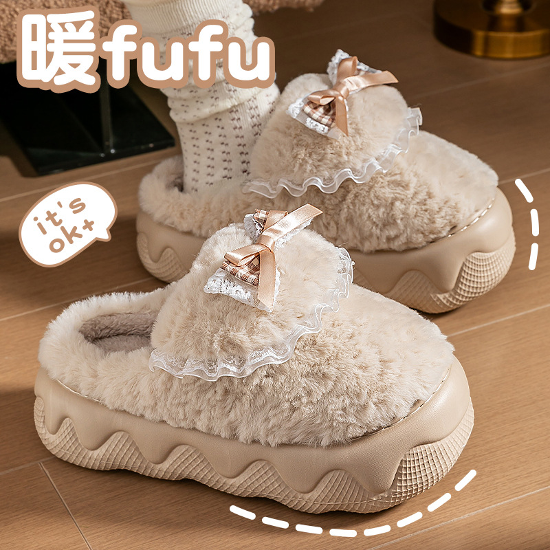 蝴蝶结厚底棉拖鞋女款2025新款冬季室内家居棉拖秋冬款保暖月子鞋