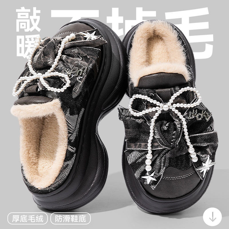 厚底高跟棉拖鞋2025新款女款蝴蝶结PU增高拖鞋冬季保暖防滑棉拖