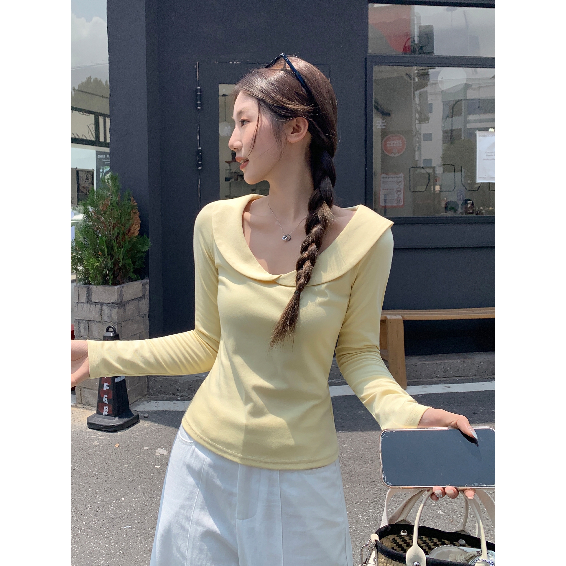 娃娃领甜美百搭纯色长袖T恤女秋季新款纯欲修身气质显瘦正肩上衣