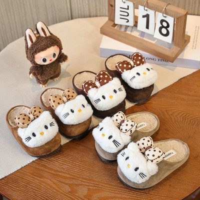 韩版女童加绒勃肯拖鞋冬季新款hellokitty猫咪女宝宝外穿棉拖鞋