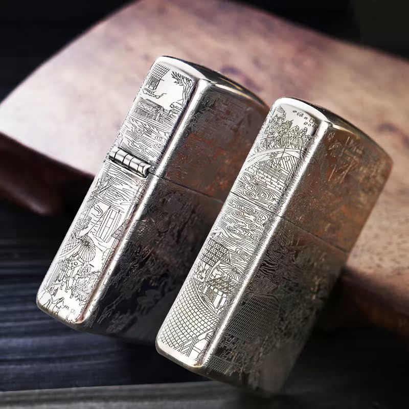 zippo純銀打火機 精雕清明上河圖限量版原裝正品芝寶煤油防風zppo