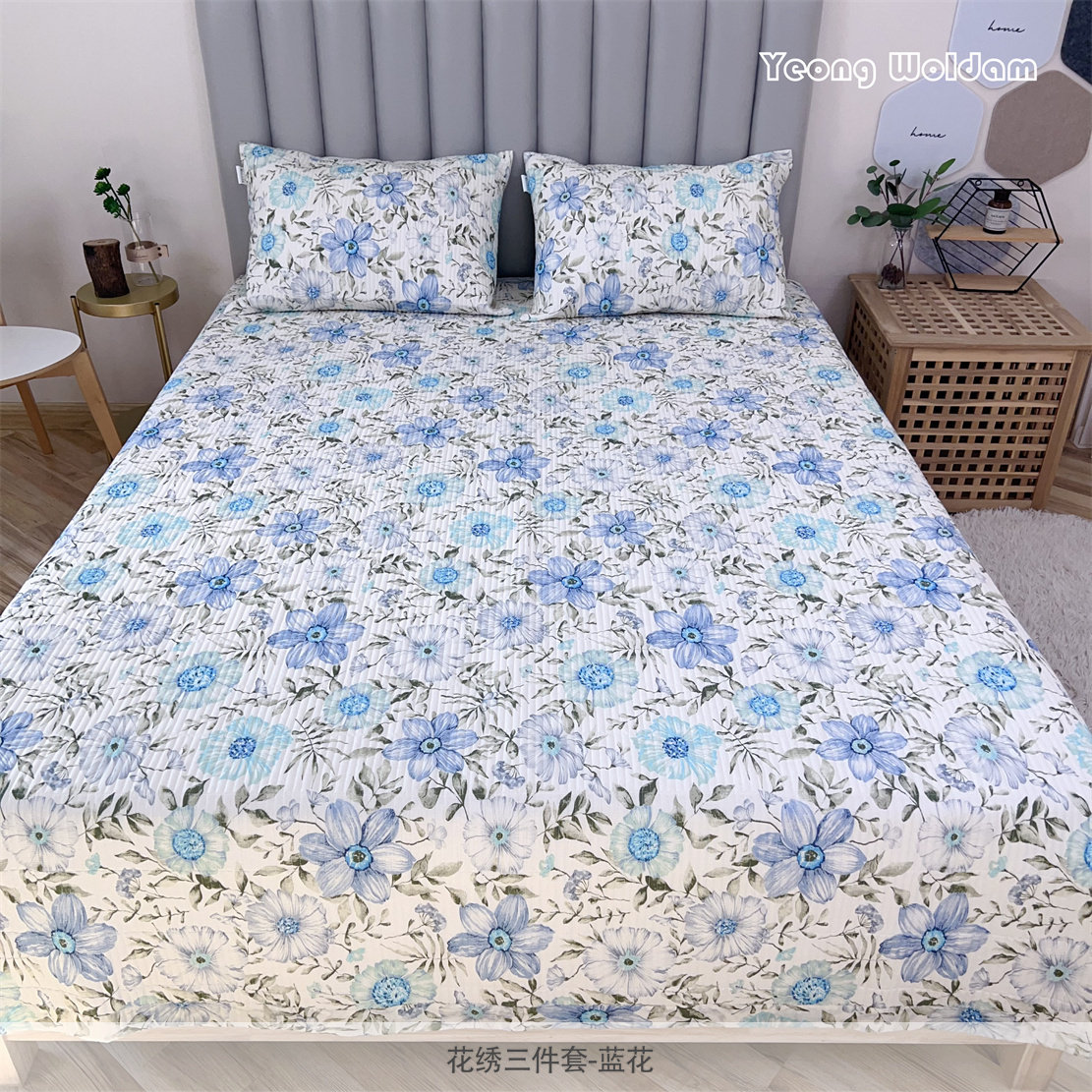 韩式阿纱棉印花床盖直条绗缝亲肤透气清爽2.2*2.4（花绣三件套）,床上用品,床品套件/四件套/多件套,淘宝优惠券,粉丝福利购,淘宝优惠卷