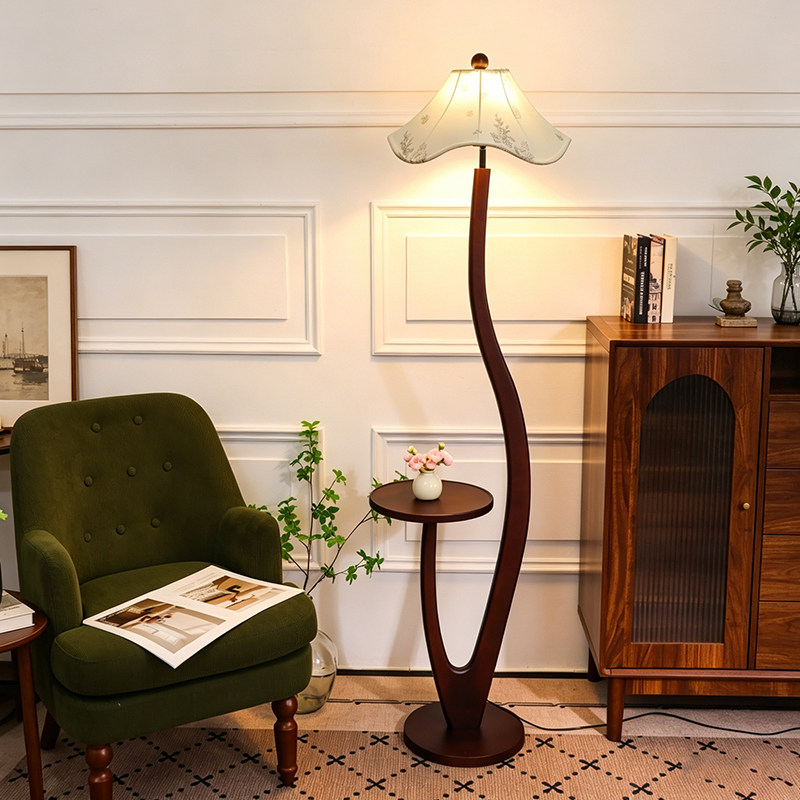 法式中古落地灯置物架一体客厅卧室沙发旁氛围灯复古实木立式台灯