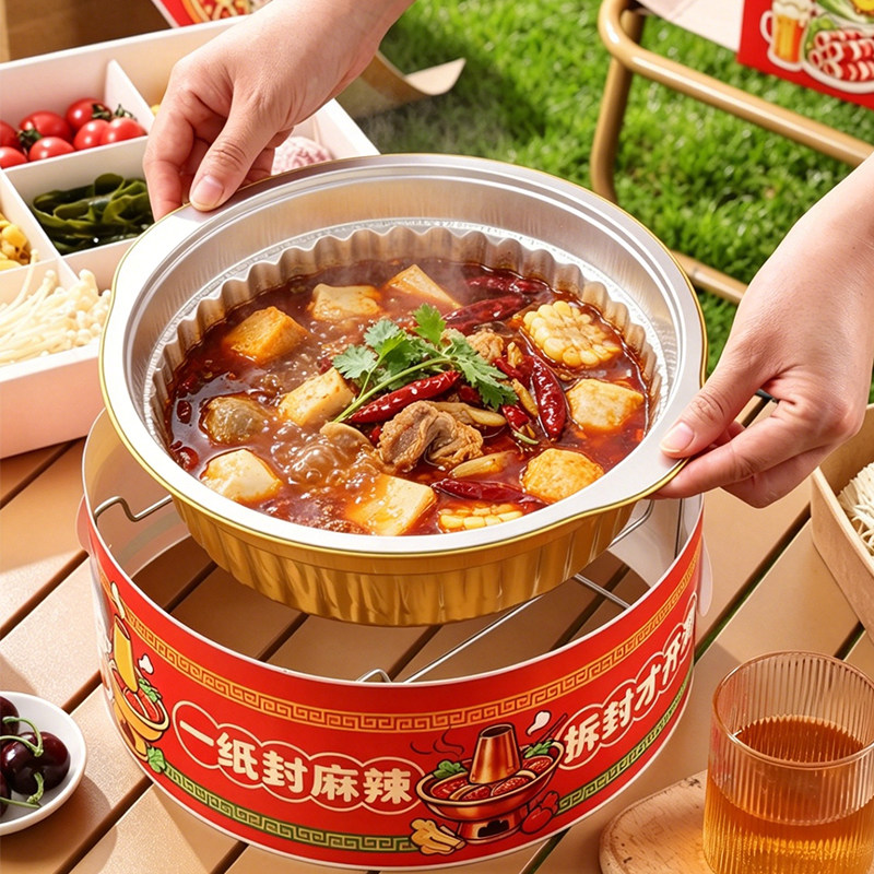 火锅餐盒一次性户外露营卡式炉外卖打包锡纸盒圆形双耳款免洗餐盒