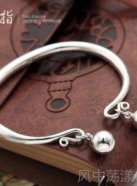 正品银手镯999足银女铃铛光面实心纯银饰品开宫口网款红年轻手环