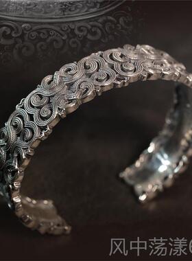 正品蒙客银手镯镂空古民族风祥云吉纹满雕银镯窄覆版纯银手子环情