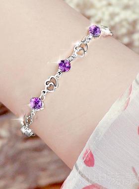 正品02朋5新款银紫水晶手纯炼女2宝石手镯轻奢小众精致生日礼物送