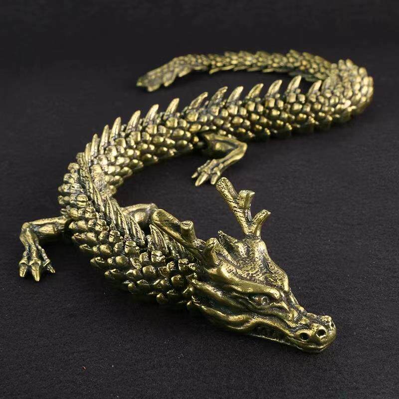 正品纯黄铜3d五爪龙可活动龙摆件带胡须金龙招财摆件黄铜手把件车