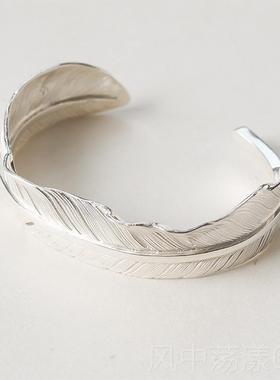 正品偶开屿原创民族风小手工錾刻纯银羽毛口复古镯众设计鹰手羽手