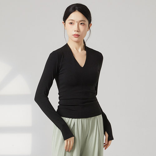 现代舞套指长袖V领背心舞蹈上衣形体服日常修身古典舞练功服