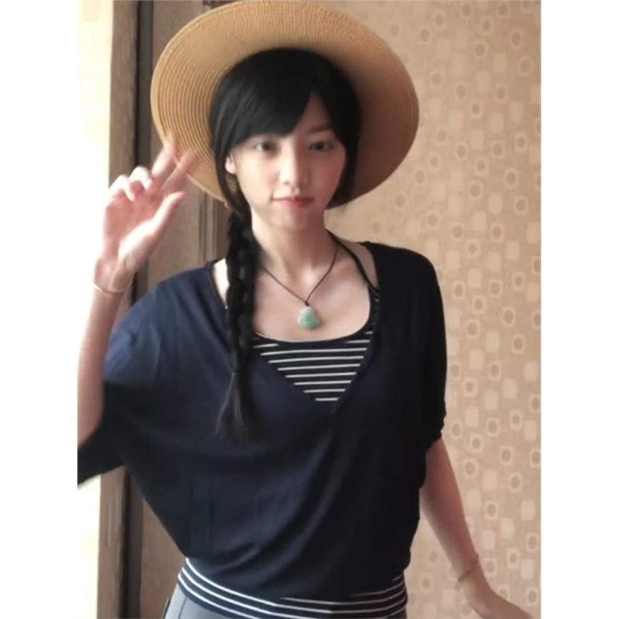 美式拼接藏青色V领t恤女