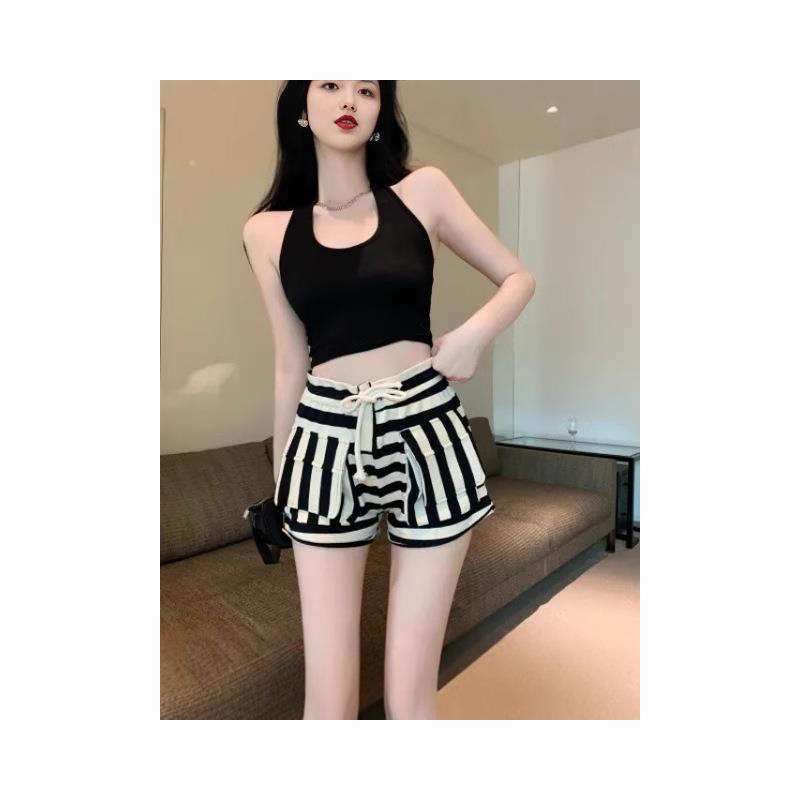 高腰条纹短裤女夏季松紧腰宽
