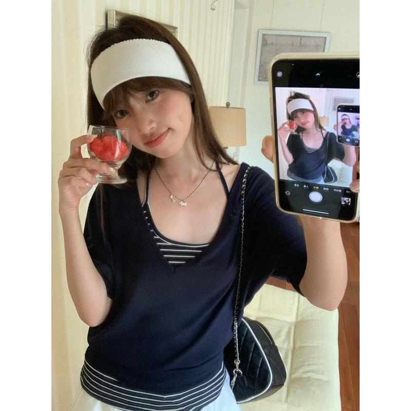 法式V领藏蓝色休闲风短袖