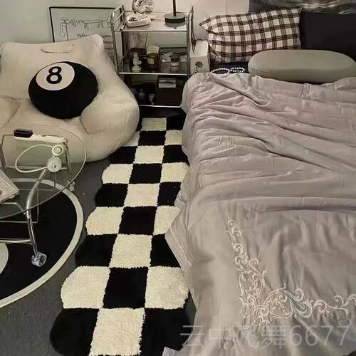 正品高级卧室床毯长条边房间黑白毛绒奢地毯轻客感厅沙发茶几垫子