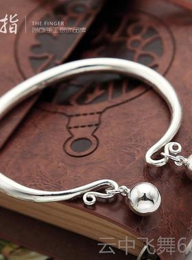 正品银9手镯女99银宫铃铛光面实心纯足银饰品开口红网年轻款手环