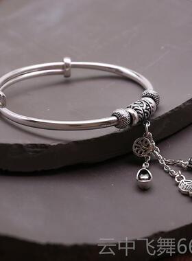 正品99覆99足银手镯纯银银古流苏款貔貅福袋叶子吊坠推拉镯子女送