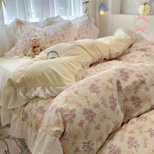正品韩式风边床上用品四件套少女心纯棉床单被套15/1.花8m舍三.件