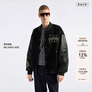 BODYDREAM重工3D立体刺绣皮革棒球服男2026春季新品毛呢外套夹克