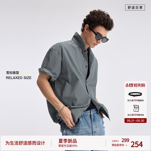 BODYDREAM中古藏青格纹短袖衬衫男夏季格子上衣半袖衬衣/松紧下摆