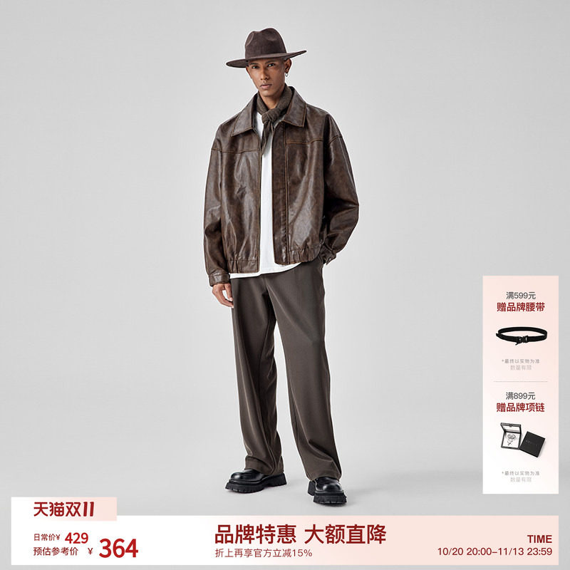 BODYDREAM复古做旧皮衣外套男街头廓形休闲通勤翻领夹克/挺阔抗皱