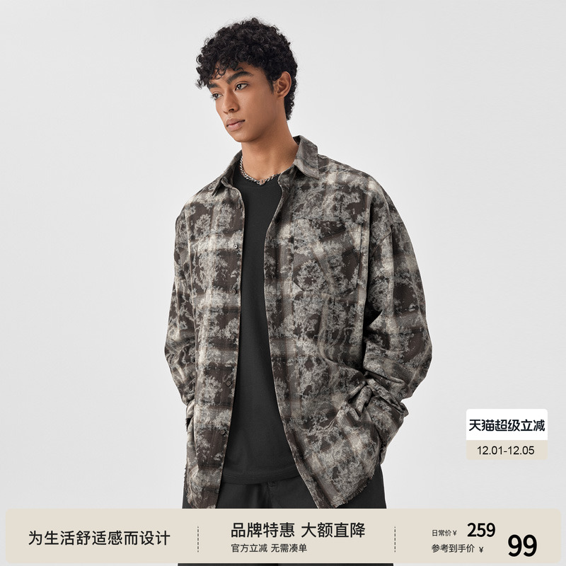 BODYDREAM破洞潮流格子长袖衬衫