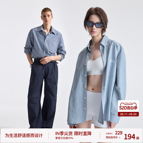 【蓝调】BODYDREAM中古蓝白翻领格子衬衫男松弛长袖衬衣知识分子
