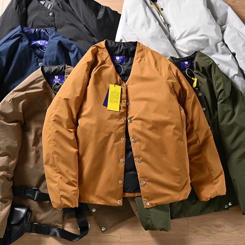 外贸出口日单余单尾货秋冬户外防水保暖羽绒服无领夹克内胆外套男