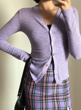 WS性感V领显瘦修身显白紫色长袖螺纹开衫单排扣T恤上衣T恤女3201