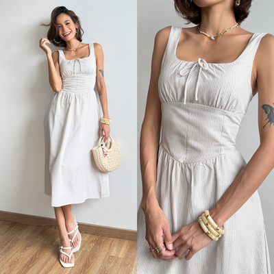 法式度假方领蝴蝶收腰长裙