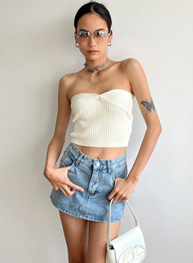 性感辣妹风弹力针织抹胸简约百搭高腰胸前打结外穿短款露背上衣