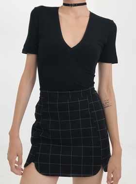 WS STUDIOS 性感大V领纯色短袖上衣女修身基本款百搭打底衫T恤夏