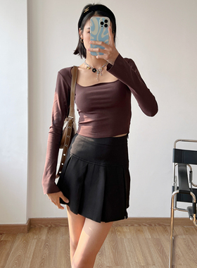 WS STUDIOS 欧美风修身简约款方领喇叭袖长袖打底衫女高腰短款T恤