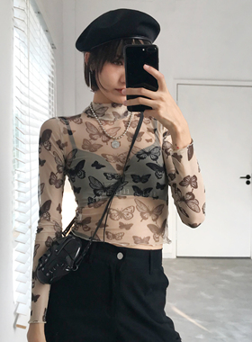 WS复古小立领INS款可爱蝴蝶印花网纱透视修身短款高腰长袖上衣T恤