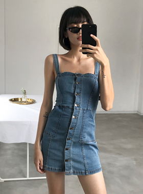 WS STUDIOS欧美单排扣修身显瘦性感牛仔背带裙包臀连衣裙1916-19