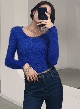 WS STUDIOS复古纯色毛茸茸高腰圆领短款露脐羽毛纱长袖针织上衣