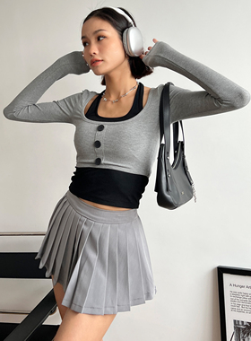 WS STUDIOS 欧美风打底挂脖背心短款长袖T恤两件套高腰辣妹上衣女