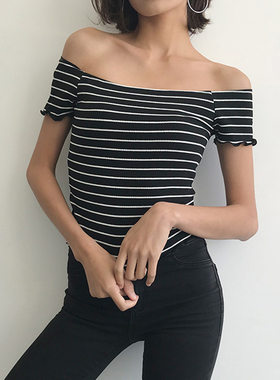 【包邮】木耳边一字领露肩露锁骨小性感修身短款打底短袖上衣